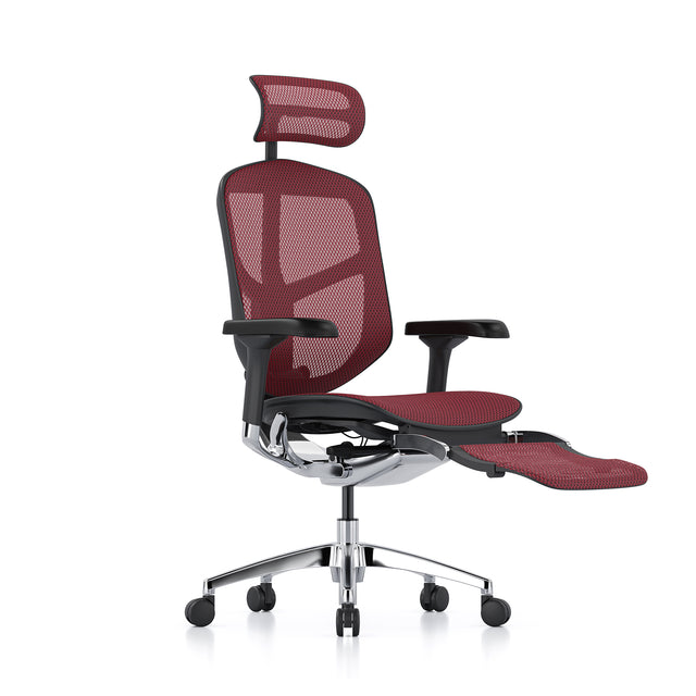 black frame scarlet mesh office chair, headrest and legrest included, front right 45-degree angle