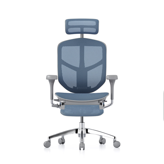 front view of enjoy office chair with legrest and headrest, grey frame and cobalt mesh
