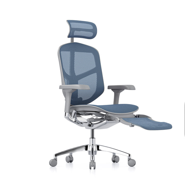 enjoy chair, front right 45-degree angle, headrest and legrest included, grey frame and cobalt mesh
