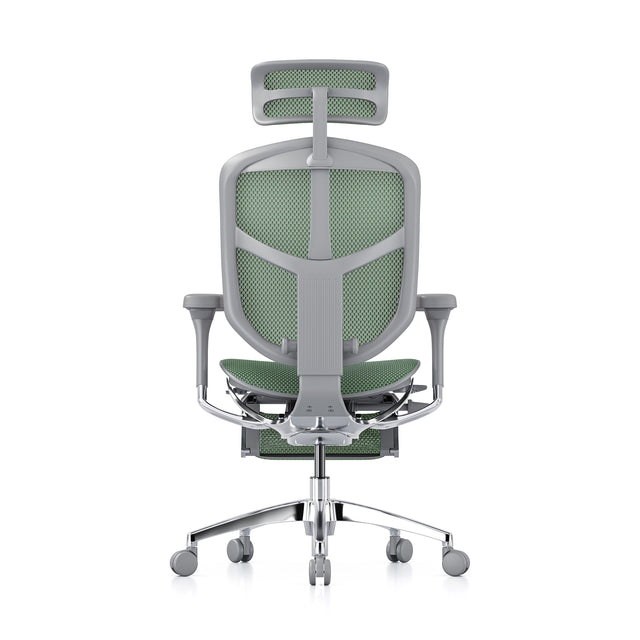 rear view of enjoy mesh office chair, grey frame and green mesh, headrest and legrest included