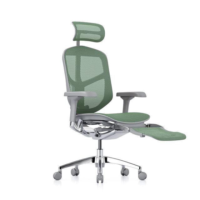 mesh office chair, grey frame, green mesh, headrest and legrest included, front 45-degree angle to the right
