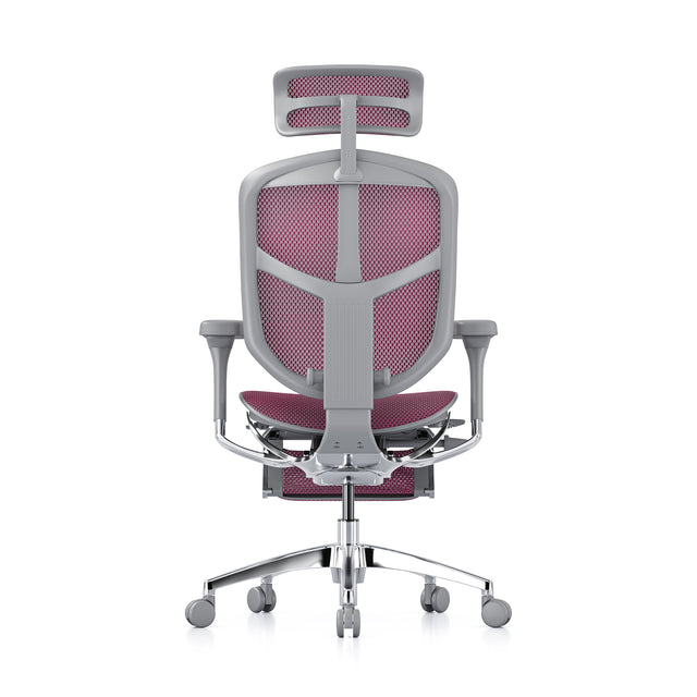 rear view of ergonomic office chair, enjoy elite g2, grey frame pink mesh, headrest and legrest included