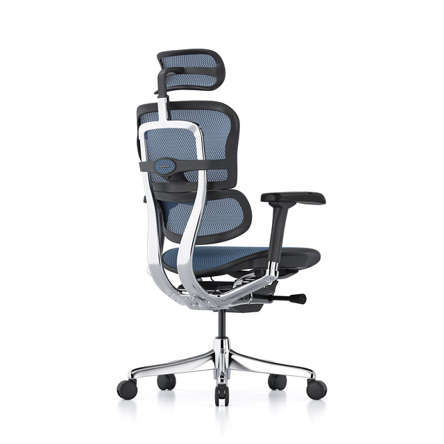 ergohuman elite g2 office chair with black frame and cobalt mesh, back right 45-degree angle with headrest