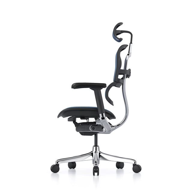left profile view of the ergohuman office chair, black frame and cobalt mesh, headrest included