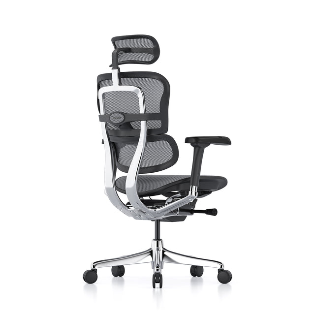 black ergohuman office chair with grey mesh, back right 45-degree angle, headrest included