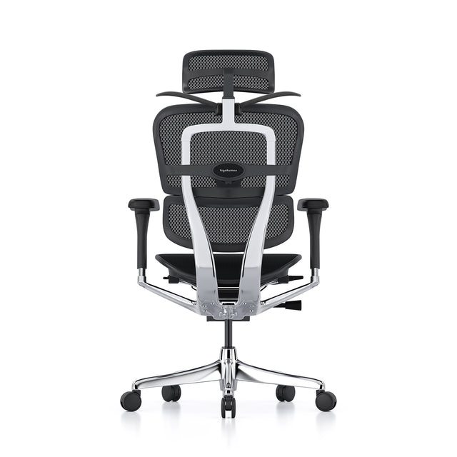 mesh office chair, ergohuman elite g2, black frame, black mesh, coat hanger is popped out
