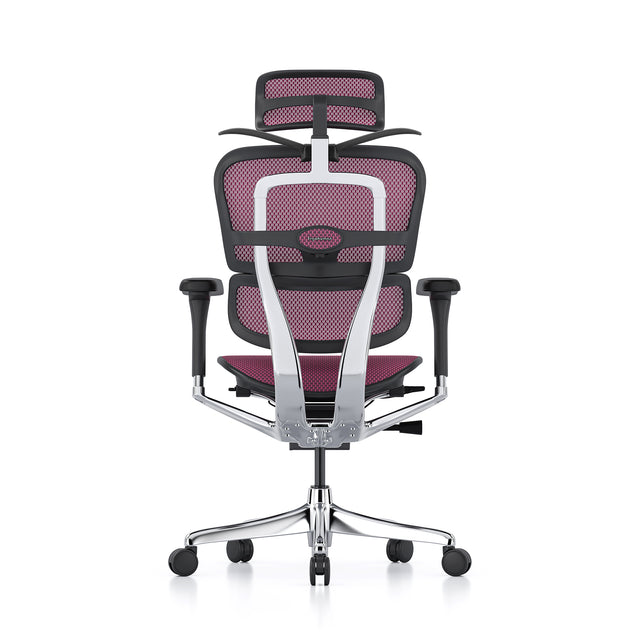 rear view of ergohuman elite office chair, headrest ncluded, black frame, pink mesh, coat hanger popped open
