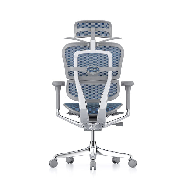 back view of the ergohuman mesh office chair, grey frame and cobalt mesh, headrest included; the coathanger is popped open at the back of the chair