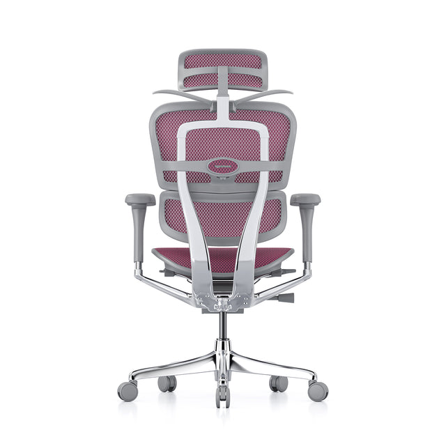 back view of the mesh office chair, pink mesh, grey frame, headrest included, coat hanger popped open