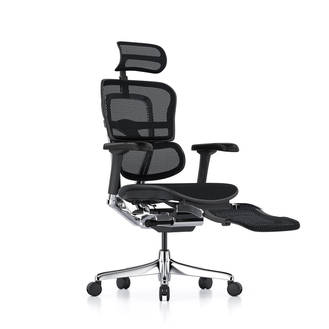 black ergohuman office chair, with headrest and folded out legrest, front 45-degree right angle