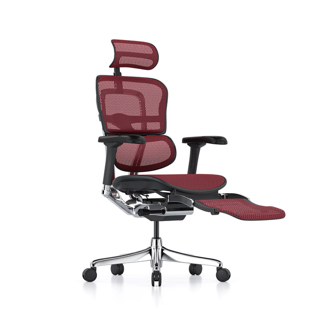 ergonomic office chair, ergohuman elite, headrest and legrest included, front 45-degree angle to the front right, black frame, scarlet mesh