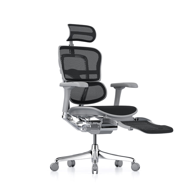 grey frame black mesh ergohuman elite office chair, headrest included, legrest folded out, front right 45-degree angle view