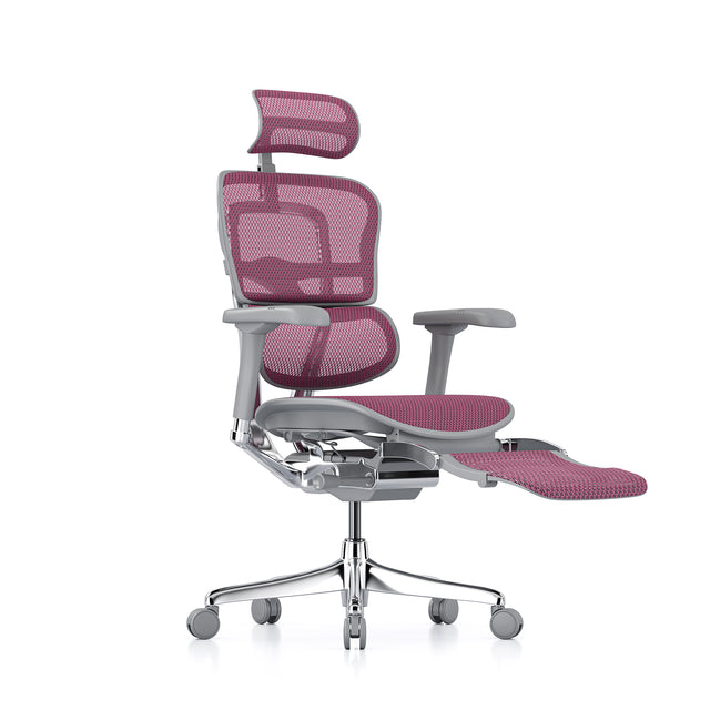 ergohuman elite, front 45-degree to the right view, grey frame, pink mesh, headrest and legrest included
