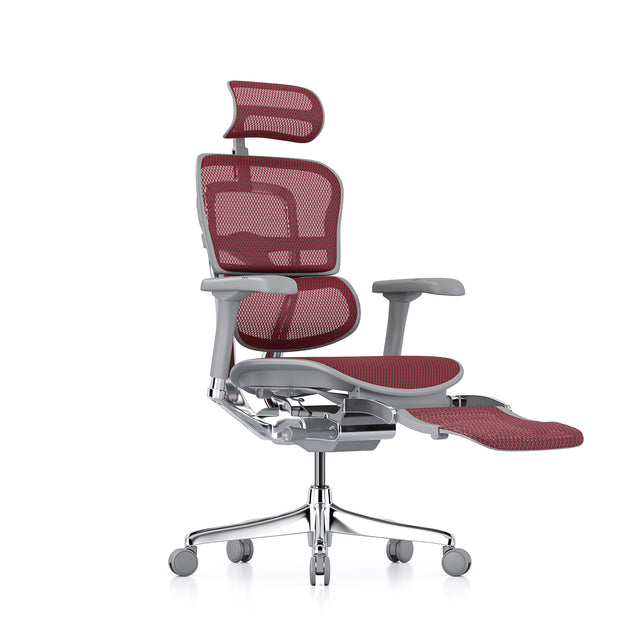 front right 45-degree view of the ergohuman office chair, grey frame, scarlet mesh, headrest and legrest included