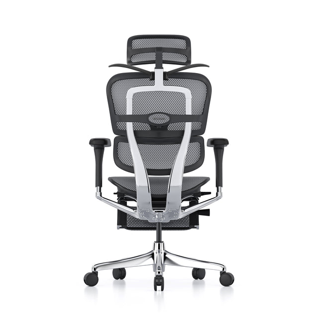 ergohuman office chair, black frame, grey mesh, with headrest and legrest, coat hanger popped out
