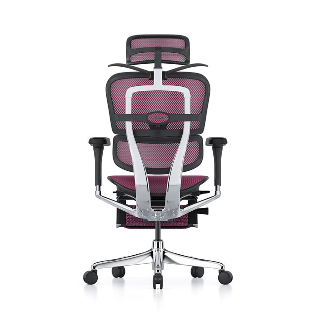 rear view of ergohuman elite office chair, headrest & legrest ncluded, black frame, pink mesh, coat hanger popped open