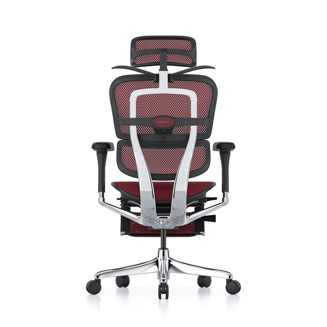 rear view fo the ergohuman office chair, premium office chair, black frame, scarlet mesh, coathanger on back of chair is popped open - headrest and legrest inlcuded
