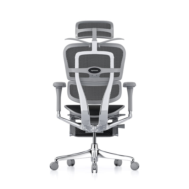 rear view of the ergohuman elite, grey frame and black mesh, coat hanger is popped open for holding coats and jackets - headrest and legrest included