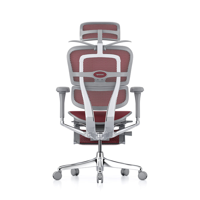ergohuman office chair, back view, grey frame and scarlet mesh, headrest and legrest included, coat hanger popped open