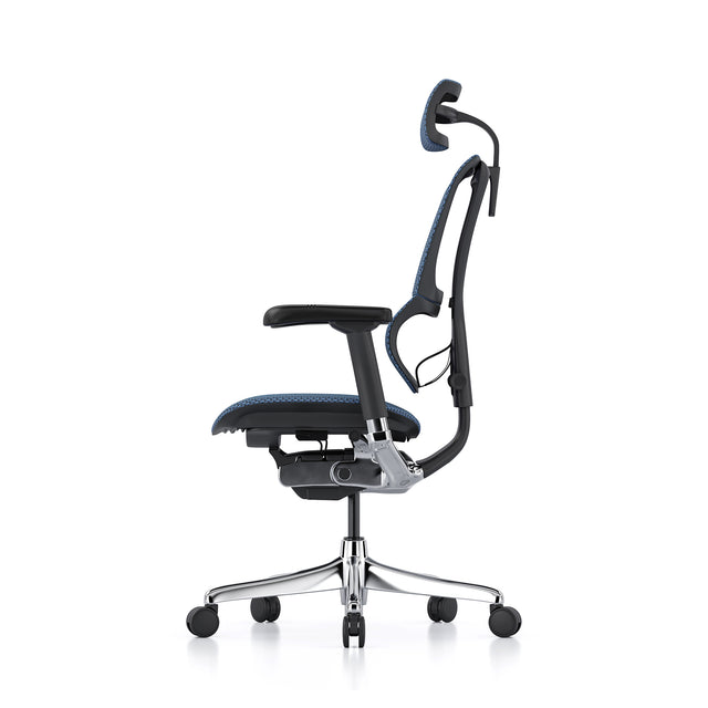 left profile view of the ergonomic office chair, mirus elite, black frame, cobalt mesh, headrest included