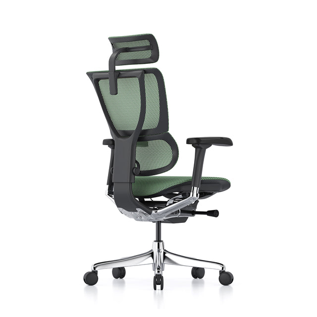 back right 45-degree angle of the mirus office chair, black frame and green mesh, with headrest