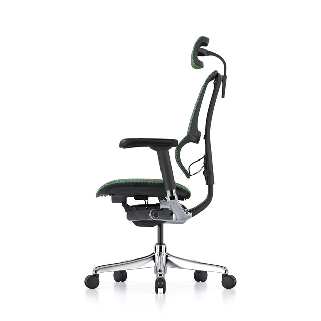 left profile view of the ergonomic office chair, mirus elite, black frame, green mesh, headrest included