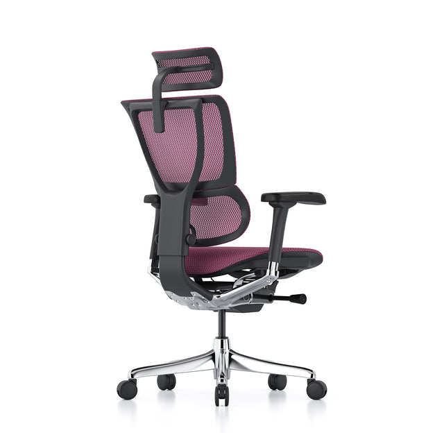 back right 45-degree angle of the mirus office chair in black frame and pink mesh, with headrest
