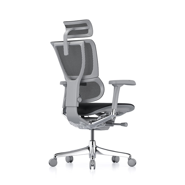 back right 45-degree angle of the mirus office chair in grey frame and black mesh, with headrest