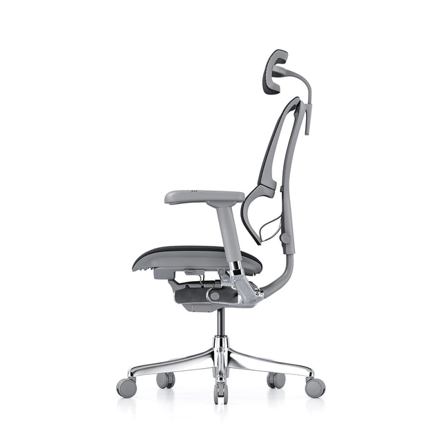 left profile view of the mirus ergonomic office chair with headrest, grey frame black mesh