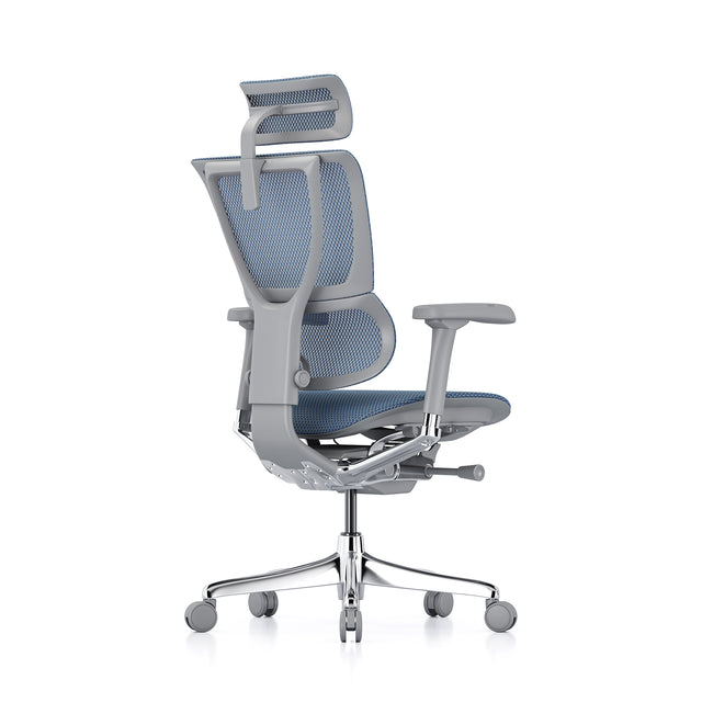 back right 45-degree angle of the mirus office chair in grey frame and cobalt mesh, with headrest