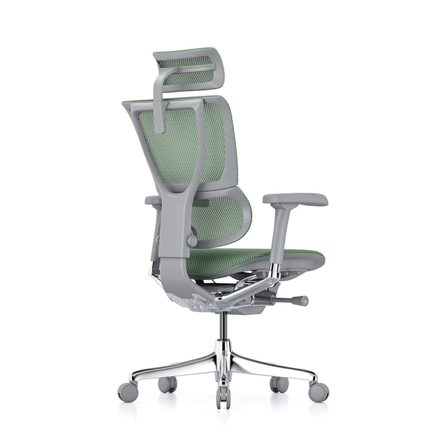 back right 45-degree angle of the mirus office chair in grey frame and green mesh, with headrest