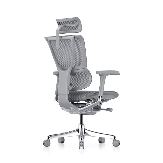 back right 45-degree angle of the mirus office chair in grey frame and grey mesh, with headrest