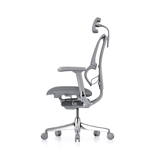 left profile view of the mirus ergonomic office chair with headrest, grey frame grey mesh