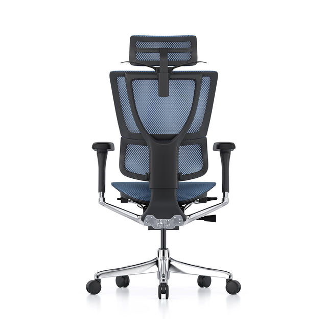 back view of the mirus office chair with headrest, black frame and blue mesh, coat hanger popped open