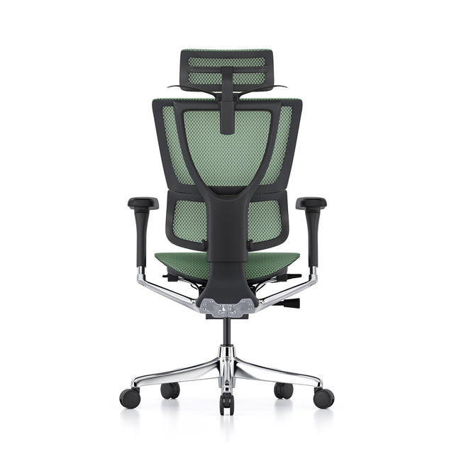 back view of the mirus office chair with headrest, black frame and green mesh, coat hanger popped open