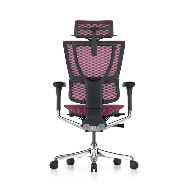 back view of the mirus chair, black frame, pink mesh, with headrest, coathanger popped open