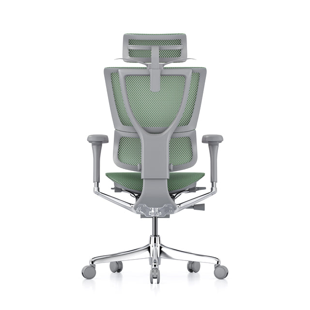 back view of the mirus elite g2, grey frame, green mesh, with headrest and legrest, coathanger popped open