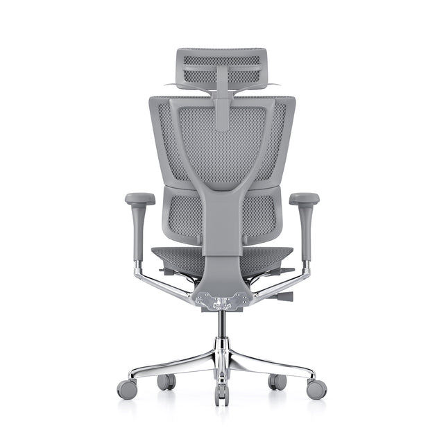 back view of the mirus elite g2, grey frame, grey mesh, with headrest and legrest, coathanger popped open