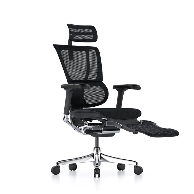 Mirus office chair with black mesh upholstery, black frame, legrest and headrest.
