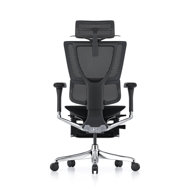 Mirus office chair with black mesh upholstery, black frame, coat hnager, legrest and headrest.