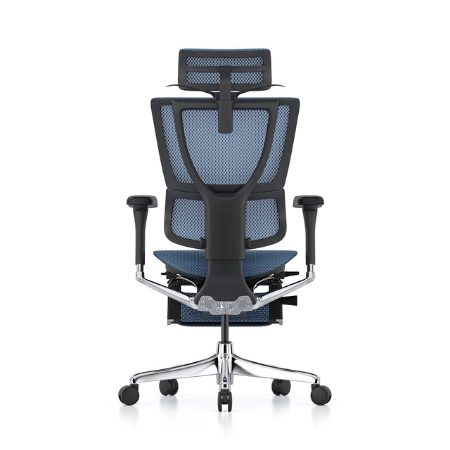 back view of the mirus office chair with headrest & legrest, black frame and blue mesh, coat hanger popped open