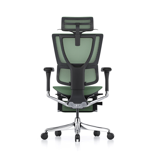 back view of the mirus office chair with headrest & legrest, black frame and green mesh, coat hanger popped open