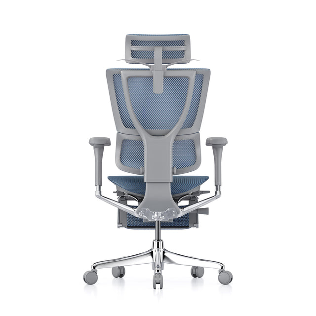 back view of the mirus elite g2, grey frame, blue mesh, with headrest and legrest, coathanger popped open