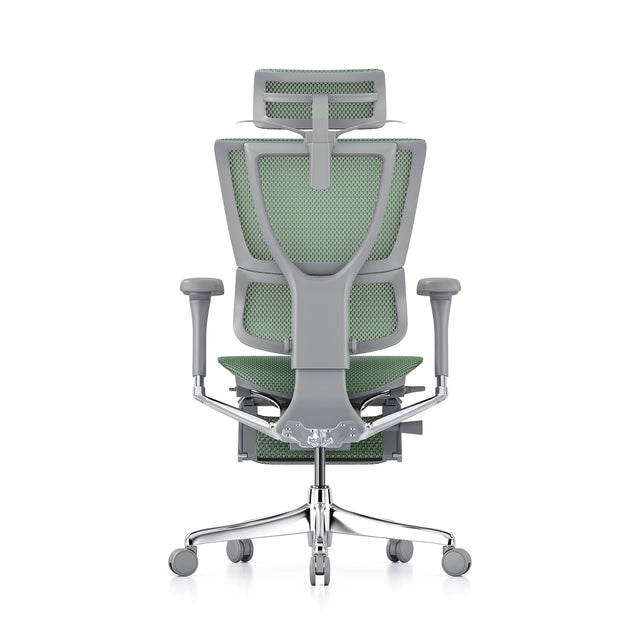 back view of the mirus elite g2, grey frame, green mesh, with headrest and legrest, coathanger popped open
