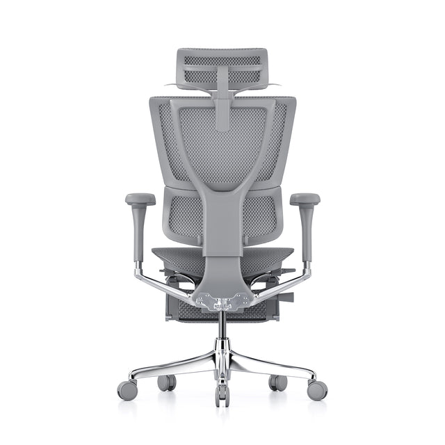 back view of the mirus elite g2, grey frame, grey mesh, with headrest and legrest, coathanger popped open