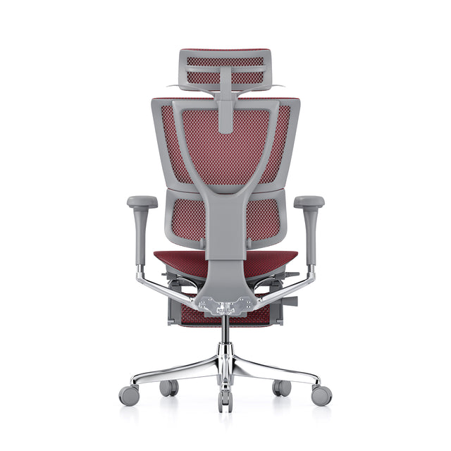 back view of the mirus elite g2, grey frame, red mesh, with headrest and legrest, coathanger popped open