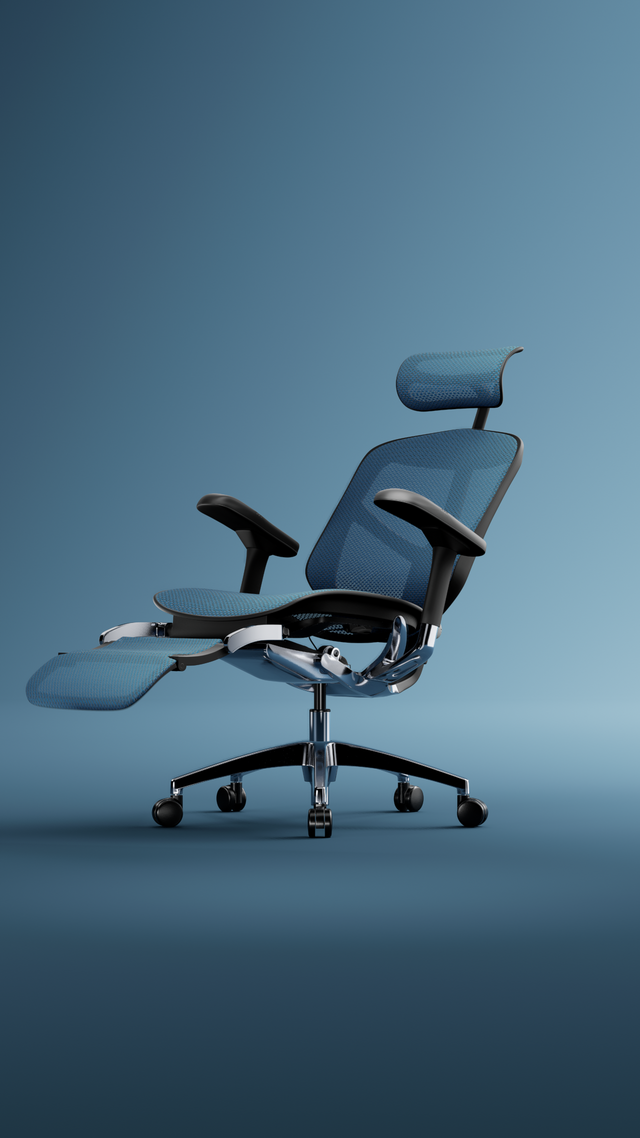 Blue mesh, black frame Enjoy office chair in a blue studio space reclining with the footrest opening. 
