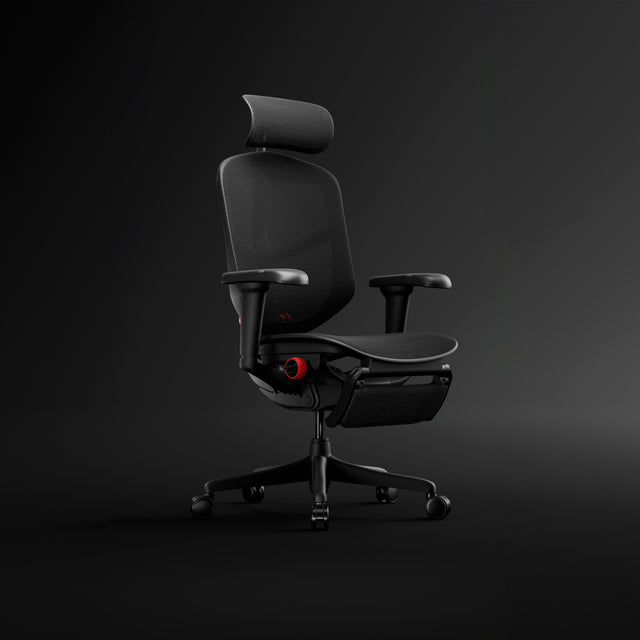 Enjoy Ultra in black facing the right at a 45-degree angle in a black studio space. Discounted gaming chairs. Gaming chairs for sale. 