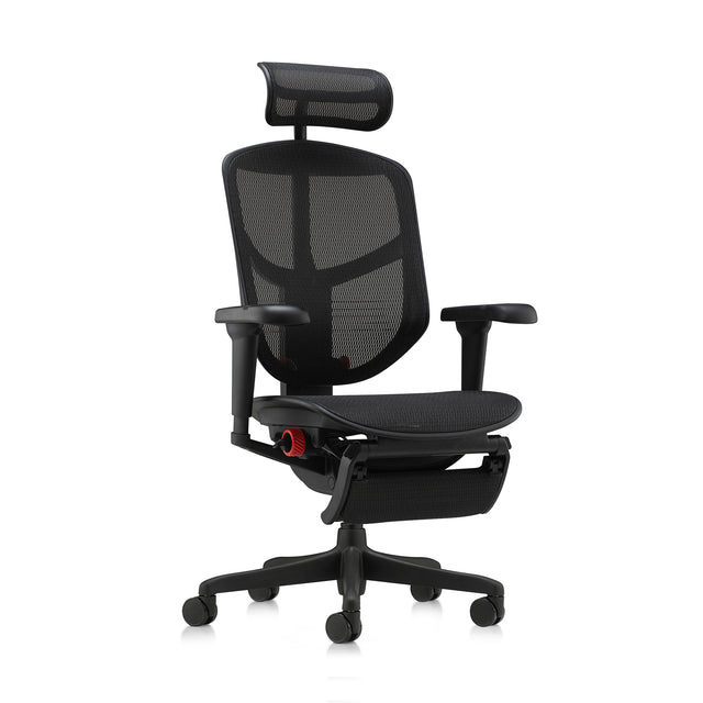 enjoy ultra gaming chair, front 45-degree angle to the right, with headrest and legrest