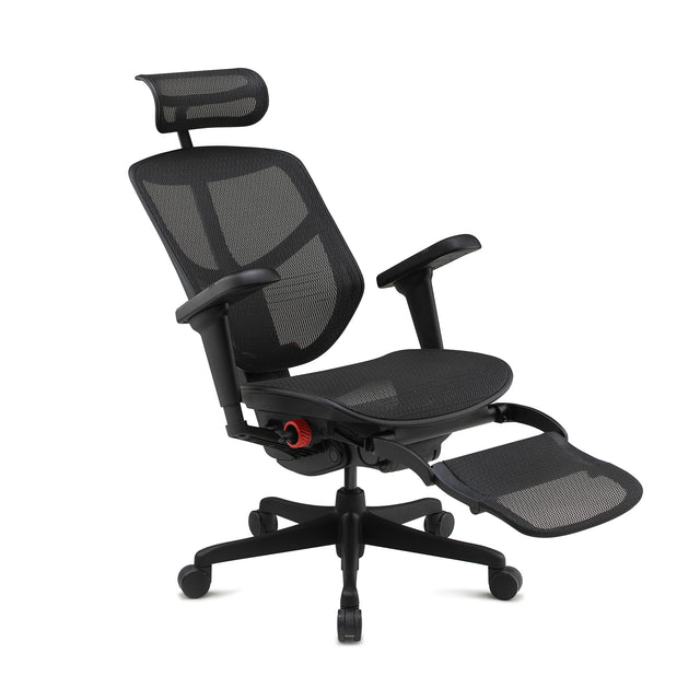 black reclining gaming chair with headrest and legrest, mesh upholstery